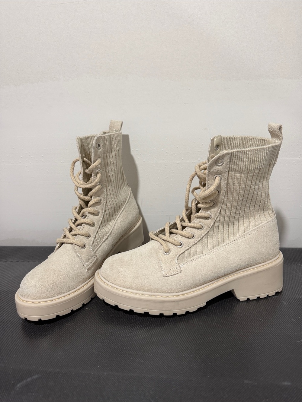 Steve Madden Veeta Suede & Knit Sock Combat Boots Sand Beige Chunky Lug